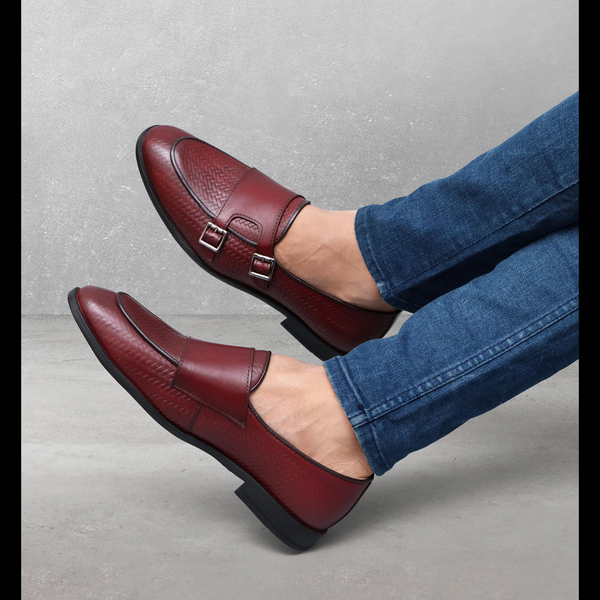 Textured Double Monk Strap Shoes - Wine