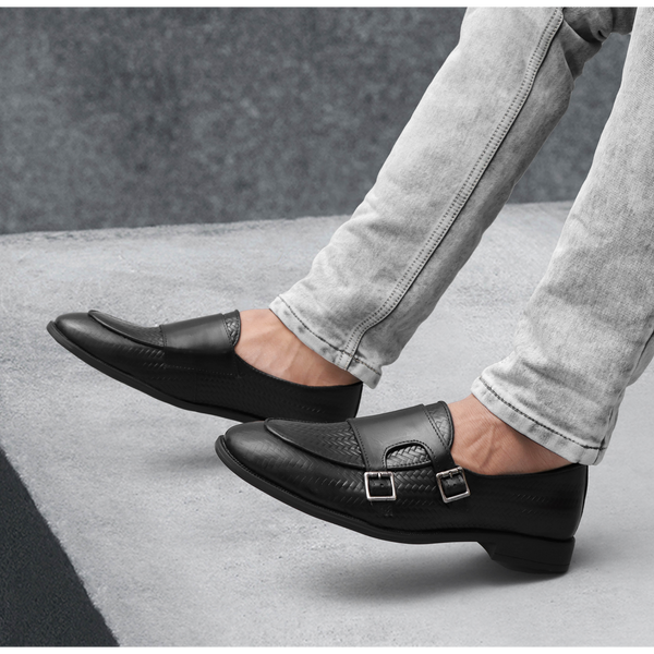 Textured Double Monk Strap Shoes - Black
