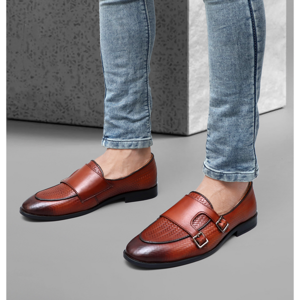 Textured Double Monk Strap Shoes - Tan