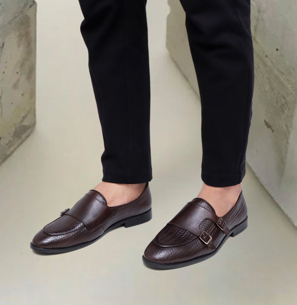 Textured Double Monk Strap Shoes - Brown